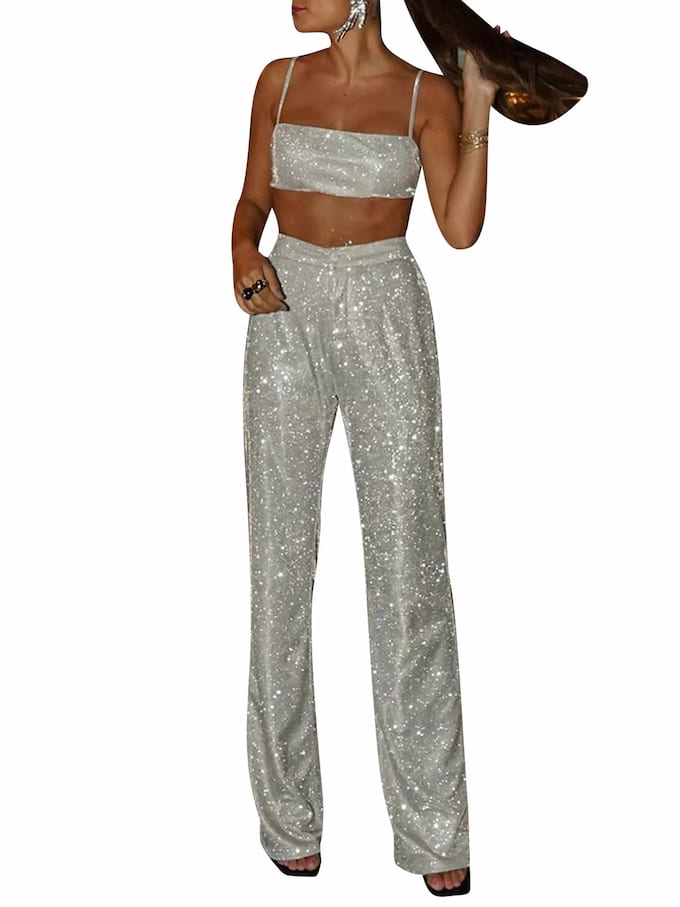 Set Of Sequins Sleeveless Crop Top and Pants