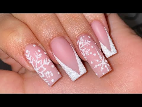 Christmas Nails 2021 | Acrylic Full Set | Snowflake Nail Design | Sugar Glitter Nails | French V Tip