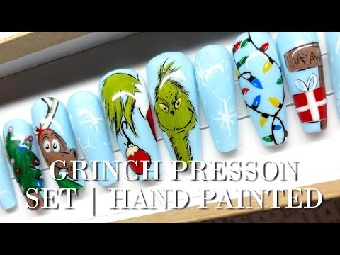 Hand Painted Grinch Nail Set | Grinch Presson Set | Christmas Nails