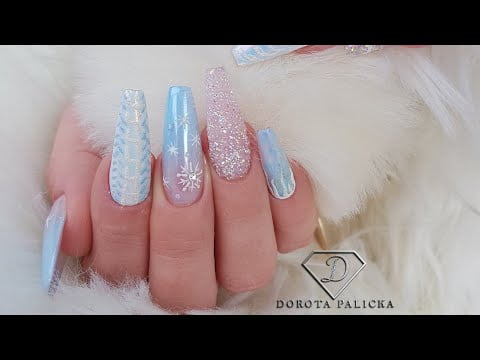 Winter blue coffin nails, Christmas nails tutorial. Tiffany & Co Blue gel babyboomer . Swarovski