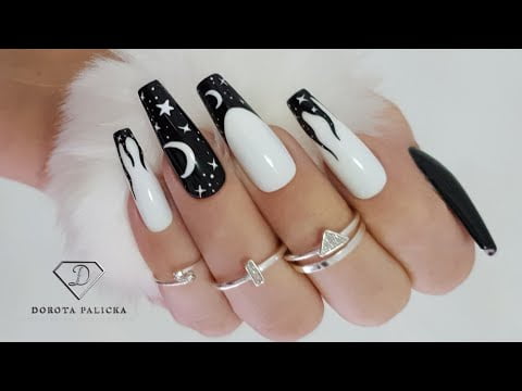 Flame nails. Black and white stars and moons nails. Black french nails