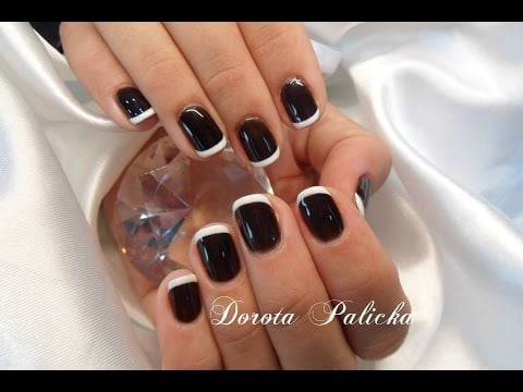 Black and white nail art, Basic french gel polish on natural nails by Dorota