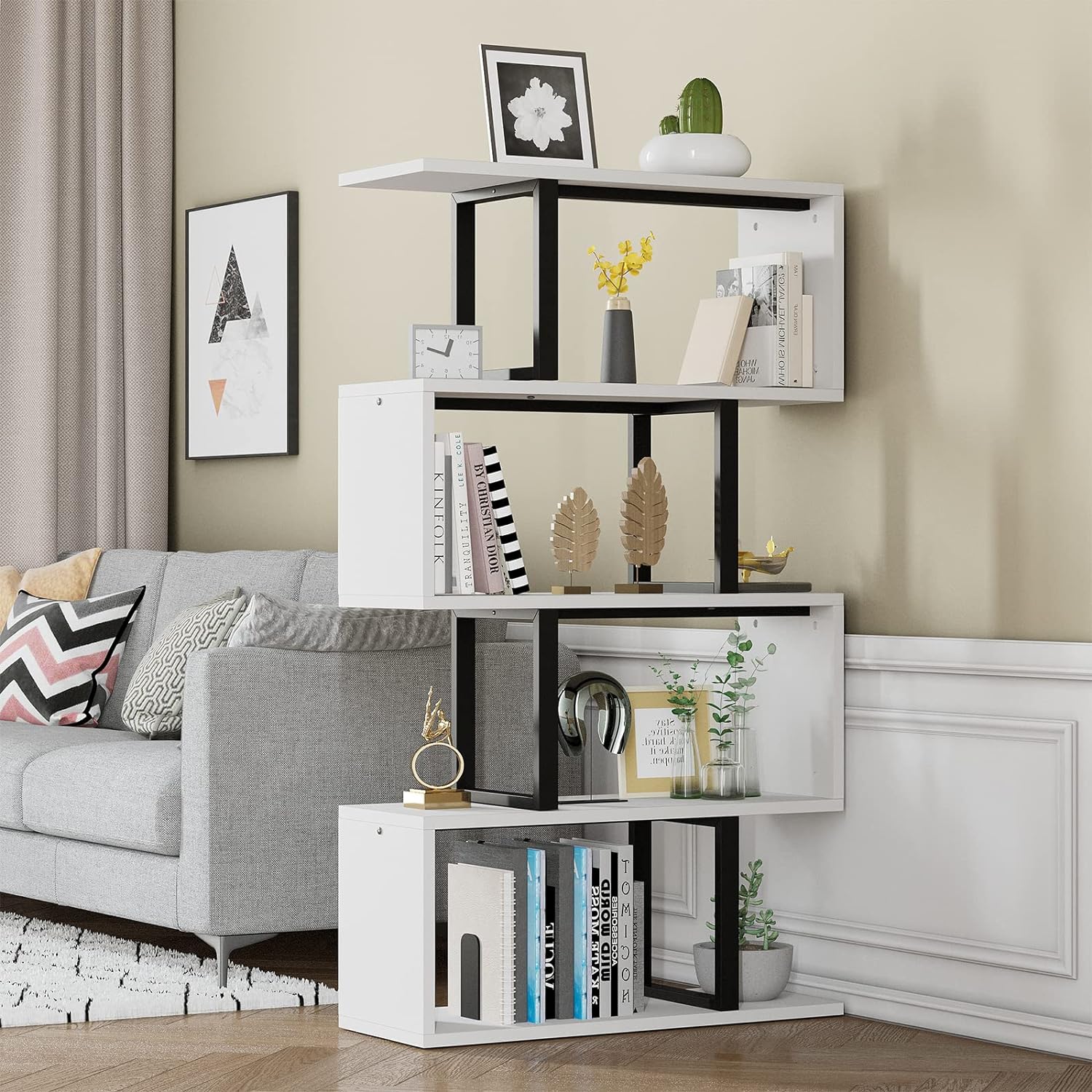 YITAHOME 5 Tiers Bookshelf, Modern S-Shaped Z-Shelf Style Bookshelves