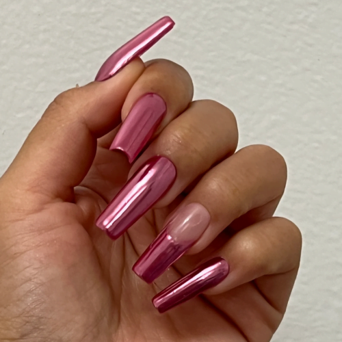 Barbiecore nails in pink chrome