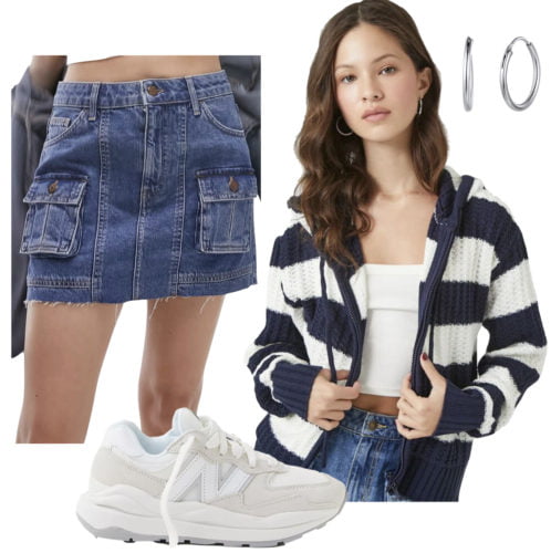 Casual college outfit with a denim skirt, sneakers, and cardigan