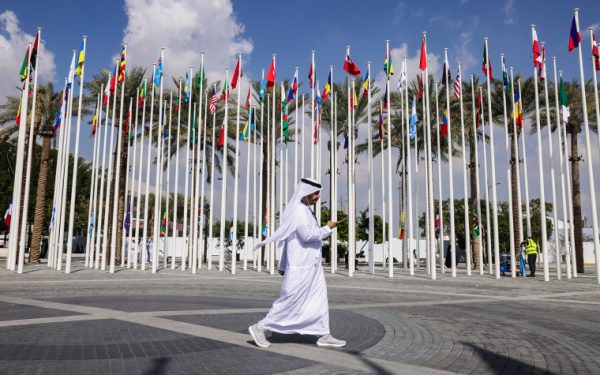 Image: A man walks past flags of nations participating in the UNFCCC COP28 Climate Conference