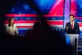 Republican presidential candidate and former U.N. Ambassador Nikki Haley, left, debates with presidential candidate and businessman Vivek Ramaswamy