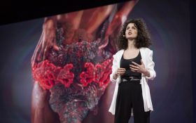 Neri Oxman gives a TED talk in 2015.