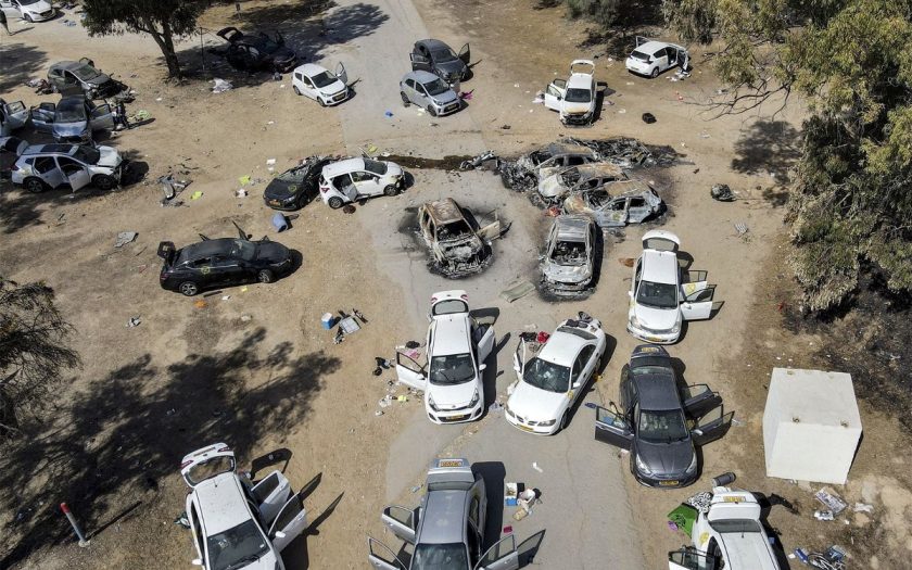 Jack Guez/AFP/Getty ImagesAn aerial picture shows abandoned and torched vehicles  after the October 7 attack.